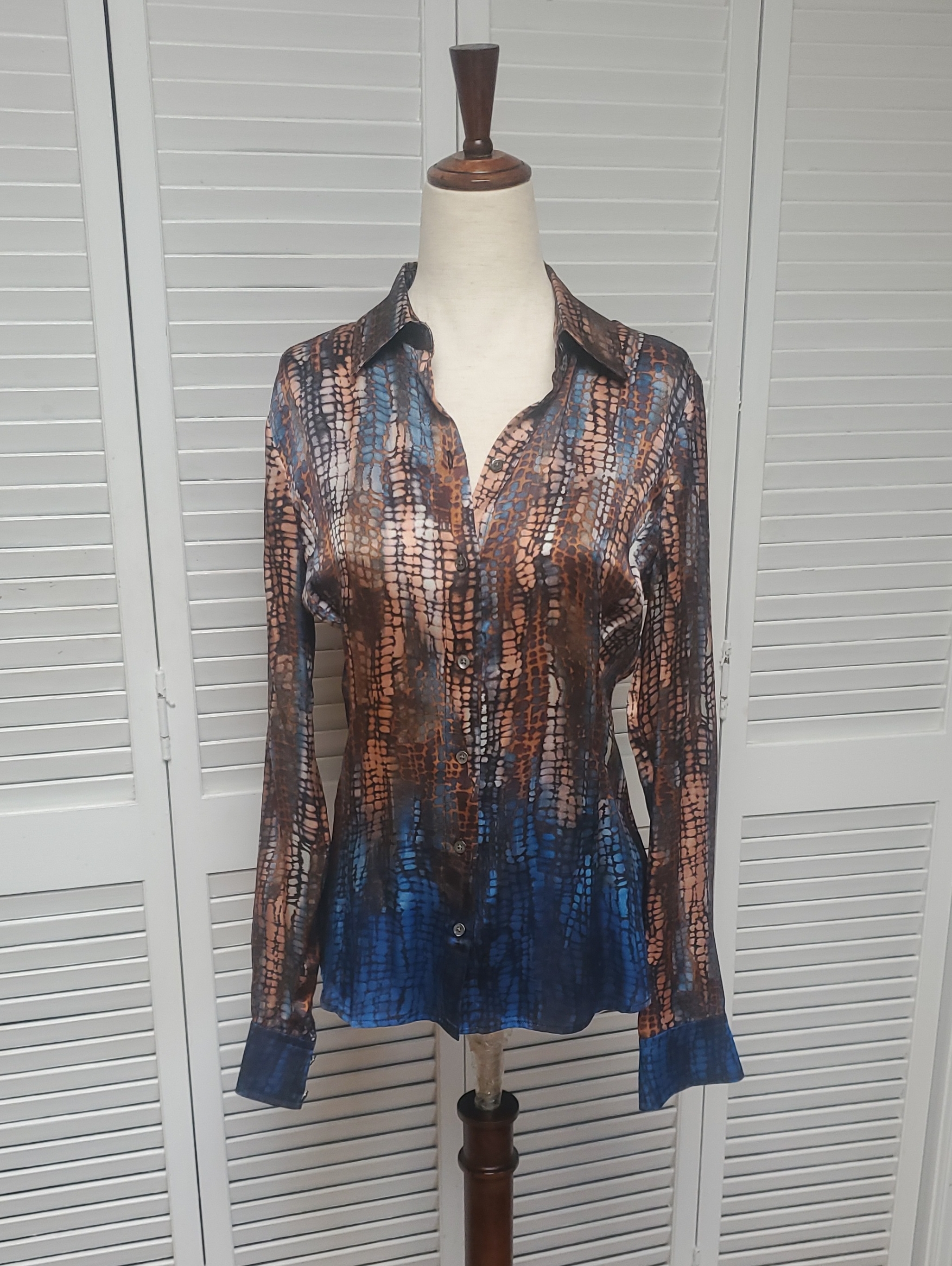 Etcetera Blue And Brown Abstract Silk-Blend Button Down